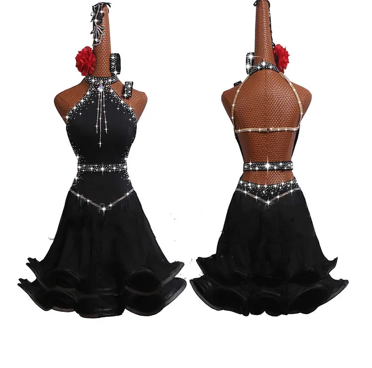 Блестящие стразы сексуальное платье для латинских танцев с открытой спиной для леди черное платье для женщин бальный костюм для