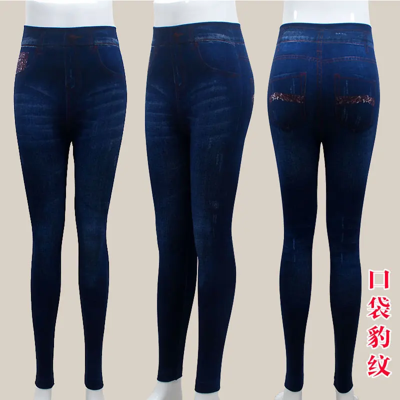 leopard pocket Модные тонкие Для женщин Леггинсы искусственная джинсы Леггинсы пикантные длинные отверстие печати Повседневное искусственного джинсовой Леггинсы карандаш Брюки для девочек Большие размеры - Цвет: leopard pocket