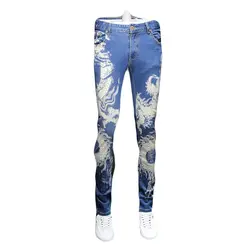 2018 Новый Китай традиции с рисунком дракона стрейч джинсы для женщин для мужчин личность Slim Fit прямые повседневные штаны