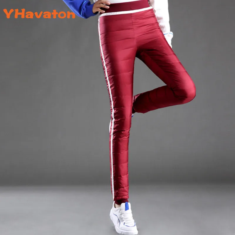 Женские пуховые штаны, зимние штаны с боковой полосой для женщин, теплые панталоны для женщин размера плюс, утолщенные повседневные длинные штаны yavaton - Цвет: red