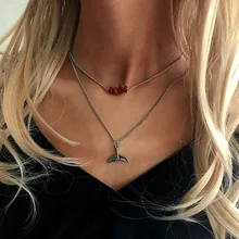 Trendy Double Layered Mermaid Whale Tail Pendant Necklace Vintage Stone Bead Charm for Women Animal Ocean Bohemian Boho Jewelry trendy bead pendant necklace for women