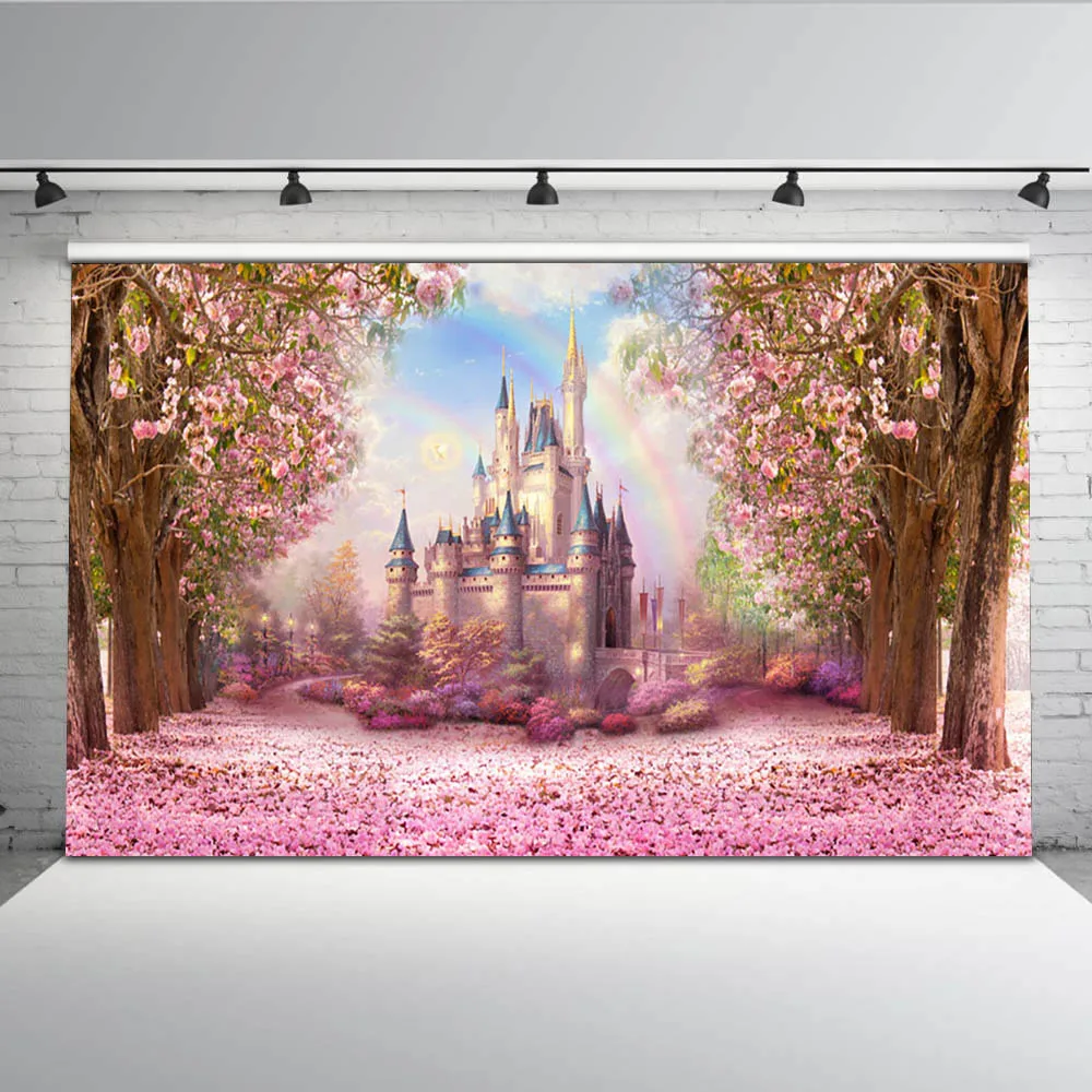 

Cherry Pink Flowers Spring Photography Backdrop Rainbow Fairy tale Castle baby shower Children Princess Photo Background S-2711