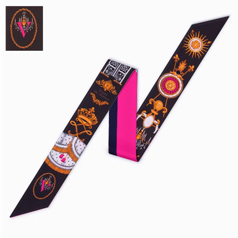 Letters Print Twill Silk Scarf Women Luxury Designer Fashion Handbag Bow Ribbons Hair Headband Summer Female Small Head Scarves
