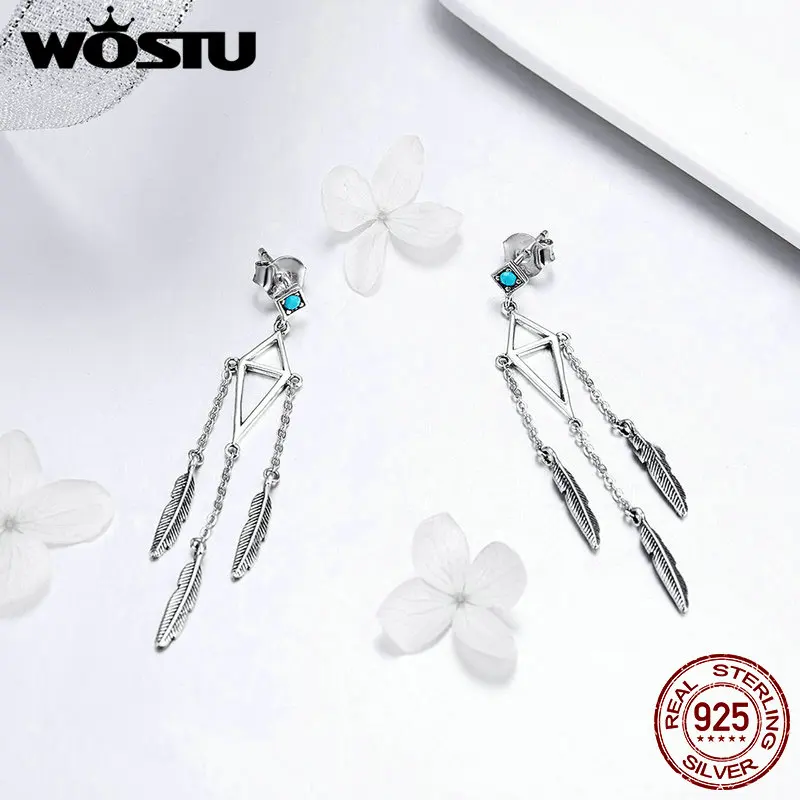 Женские длинные висячие серьги WOSTU серебряные в виде колокольчиков и перьев 925