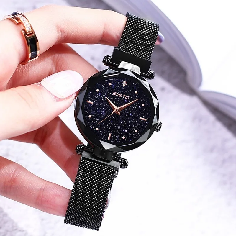 Beste GIMTO Sterrenhemel Horloge Zwarte Rhinestone Diamond Crystal Horloge Vrouwen Roestvrij Stalen Band Quartz Armbanden Voor Vrouwen Luxe Merk