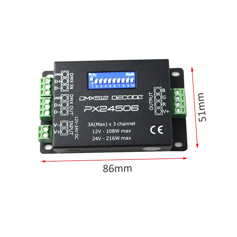Драйвер декодера DMX 12 В постоянного тока 24 PX24506 контроллер усилителя RGB 3*3A для
