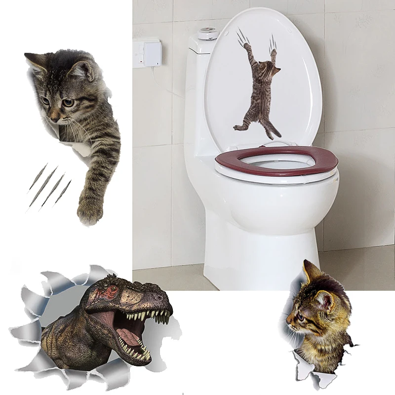 waterproof Cat Dog 3D Wall Sticker Hole View Bathroom Toilet Living Room Home De 