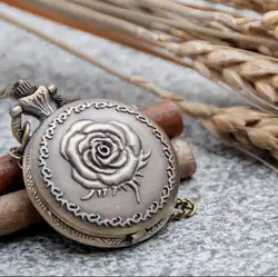 Винтаж бронза античная Роза кварцевые карманные часы Цепочки и ожерелья подвеска Чиан Для женщин Для мужчин подарки на день рождения Relogio