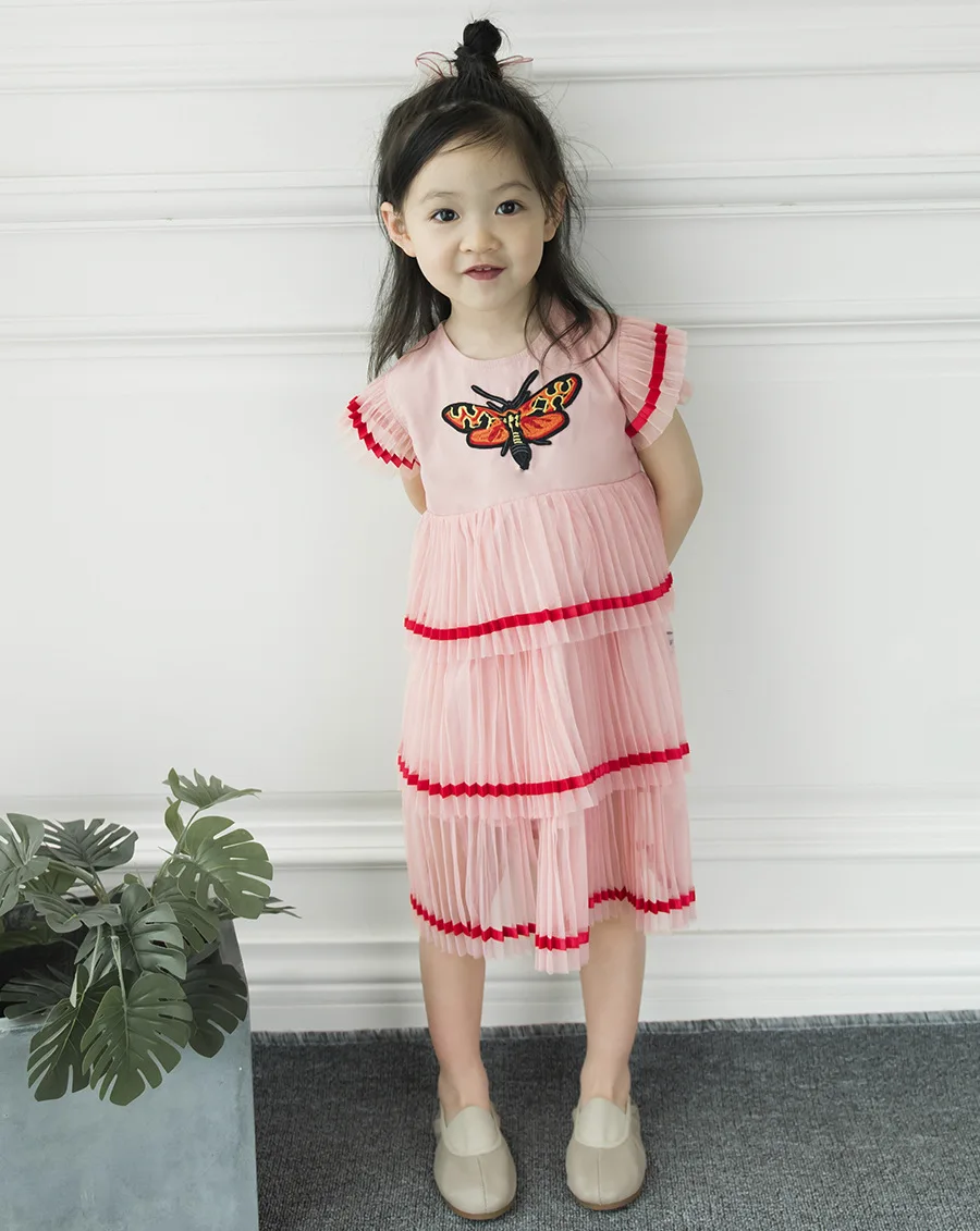 DFXD/ г.; летние платья для маленьких девочек в английском стиле с вышитыми бабочками; розовое многослойное платье для девочек на День рождения; платье принцессы