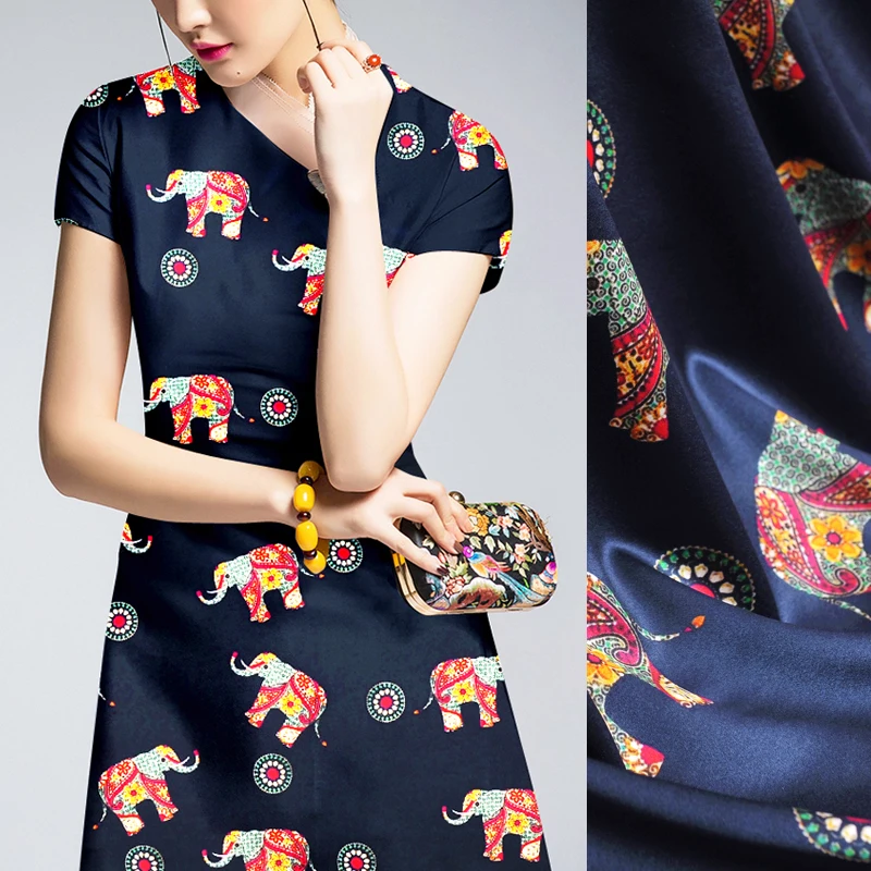 

135CM Wide 19MM Elephant Print 94% Silk & 6% Spandex Strech Blue Silk Satin Fabric for Shirt Skirt Dress Cheongsam J057
