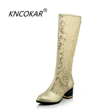 KNCOKAR/ г. Летние женские сапоги на толстой и летней подошве, на шнуровке, с вырезами, из сетчатой пряжи Большие размеры