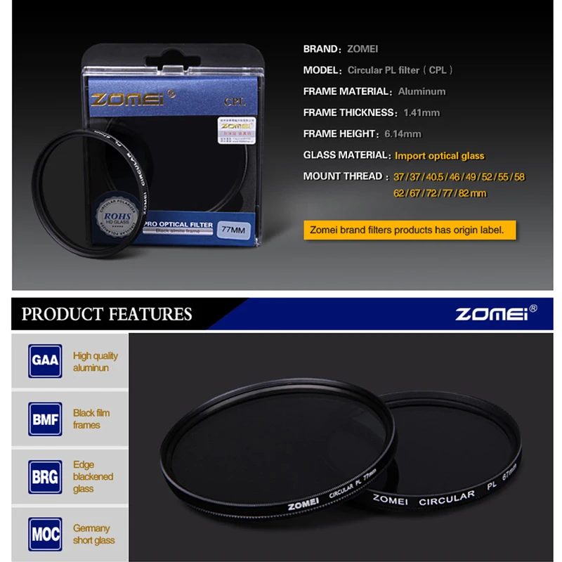Cena Okrągłe filtr polaryzacyjny CPL filtr obiektywu zestaw 55 58 62 67 72 77 82mm szkło optyczne AGC dla Nikon Sony aparat Canon akcesoria