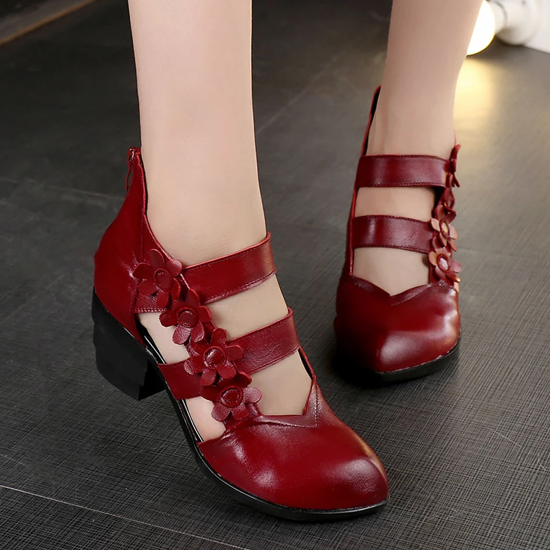 

Nice Ethnic Style Genuine Leather Women Sandals Med Heels Closed Toes Handmade Summer Soft Outsole Women Casual Shoes
