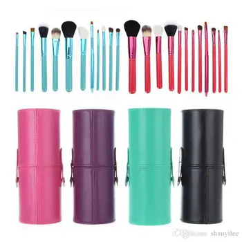 

12pcs/lot Makeup Tools Brushes Fashional Cosmetic Brush set kits Tool 5 Colors Facial Make up brushes with Cup Holder Case