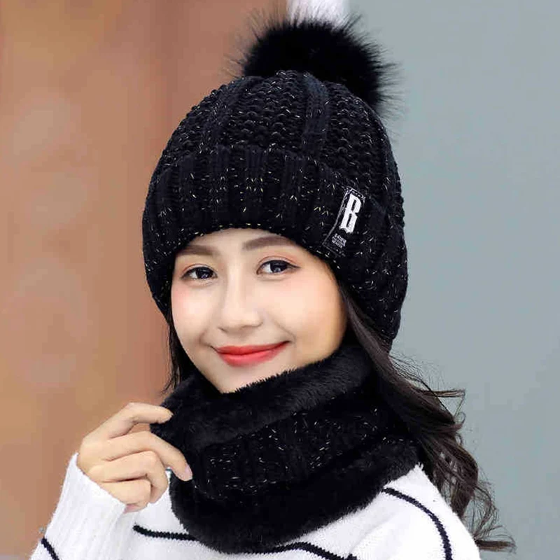 

1 Set Womens Winter Beanie Hair Ball Cap + Scarf B Letters Knitted Hat Women Winter Knit Warm Hat Ball Ski Hats Knitted Scarf