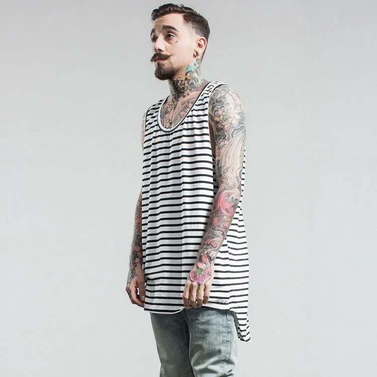 Aolamegs Tank Tops Men Extended Black White Striped Tee Sleeveless T Shirts Homme 2017 Spring Summer Hip Hop Fashion Streetwear (11)