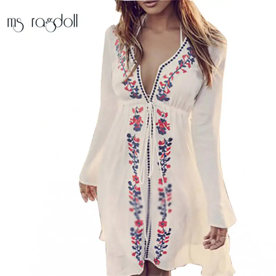 

Women Pareo Beach Wear Bikini Cover Up Embroidery Vintage Swimwear Dress Robe De Plage Plag Mujer Beachwear Sarong Sexy Swimsuit