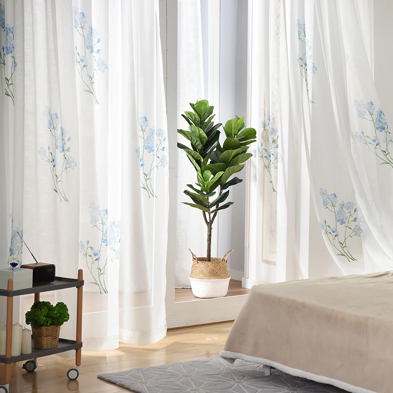 Китайские шторы, ручная роспись, тюль для кухни, простые синие цветы, отвесные окна, Curtian для гостиной, пряжа, вуаль для спальни