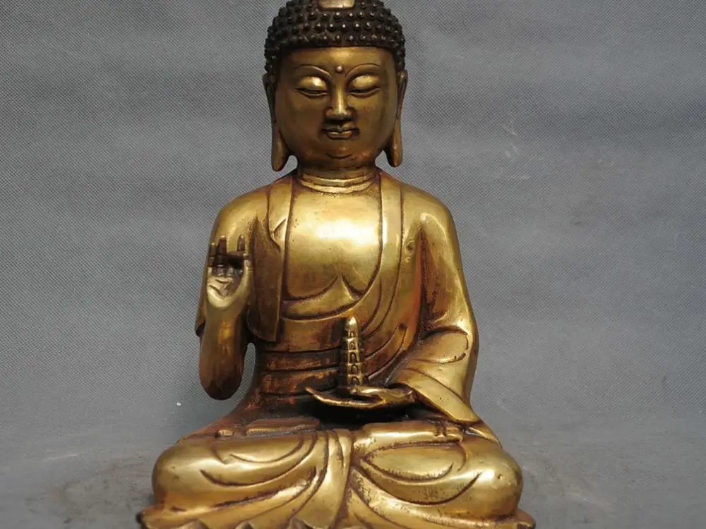 

10" China Tibetan Temple Bronze Shakyamuni Hold Pagoda Tower Buddha Statue