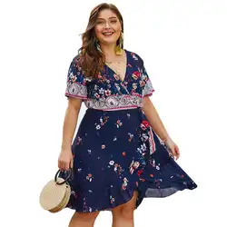 Богемное цветочное женское летнее платье миди 4XL плюс размер глубокий v-образный вырез шифоновое платье с оборками женский пляжный сарафан