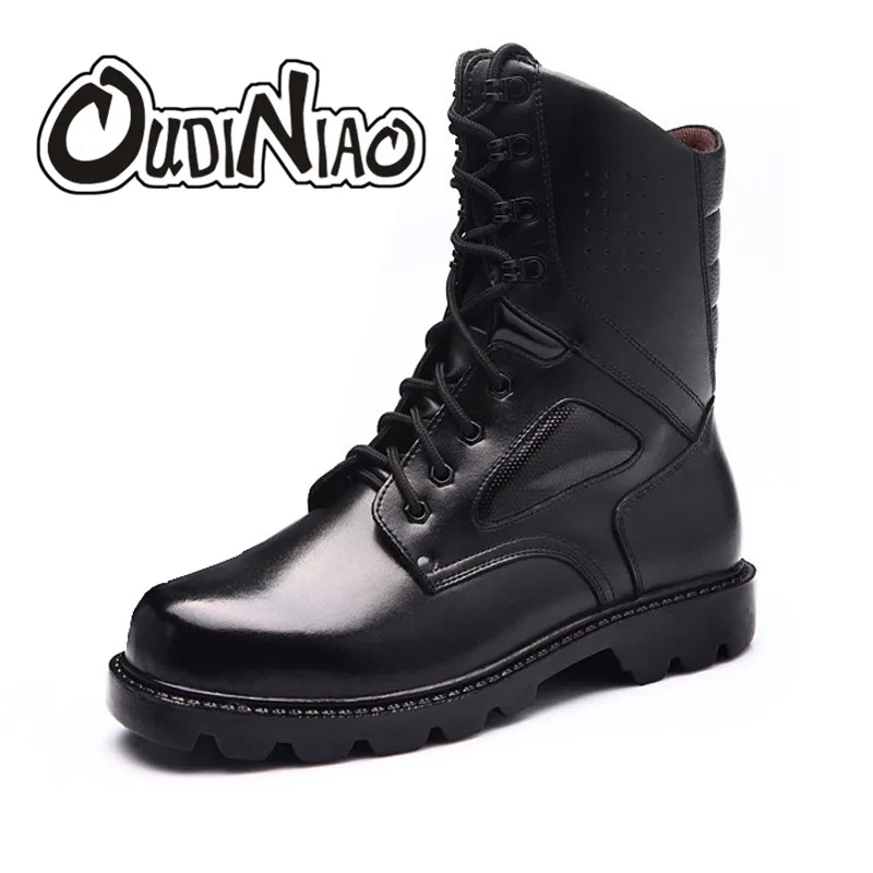 

OUDINIAO Fashion Mens Winter Boots Mid Calf Genuine Leather Shoes Solid Black Heel Military Tactical Snow Designer Boots Men