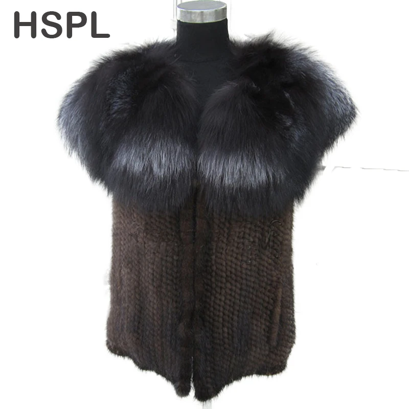 HSPL Новое поступление европейский дизайн короткая норковая меховая жилетка с большой шаль из лисьего меха