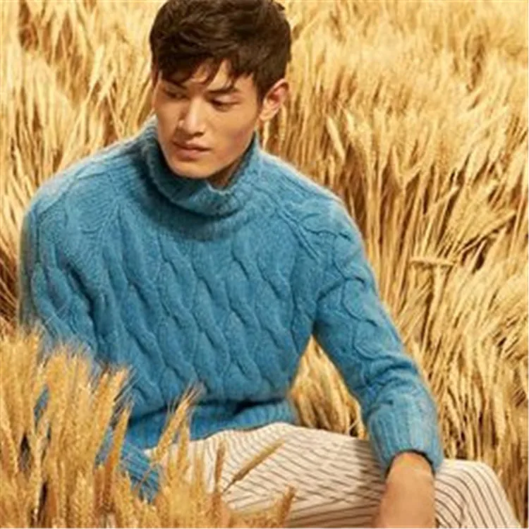  100%hand made wool blend turtleneck knit men twisted solid pullover sweater one&over size