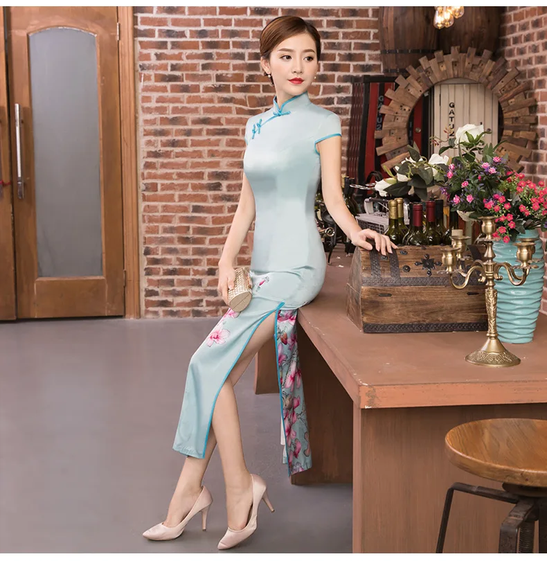 Sheng Coco Китайский ветер длинное шелковое Qipao платье с цифровым принтом Qipao Cheongsam платья светло-голубые китайское винтажное вечернее платье