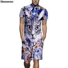Мужские 3D изображение кота комбинезон Повседневная Кнопка короткий рукав комбинезон комбинезоны мужские ползунки карго Летний комбинезон Playsuit