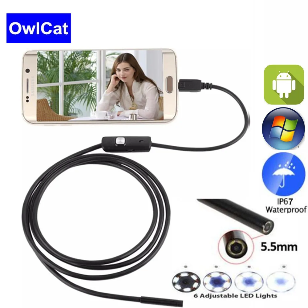 OwlCat 5 мм объектив 2 м 720 P Android ПК Мини USB эндоскоп Камера гибкая трубка «Змея» USB трубы проверка для Android телефона Android USB бороскоп Камера