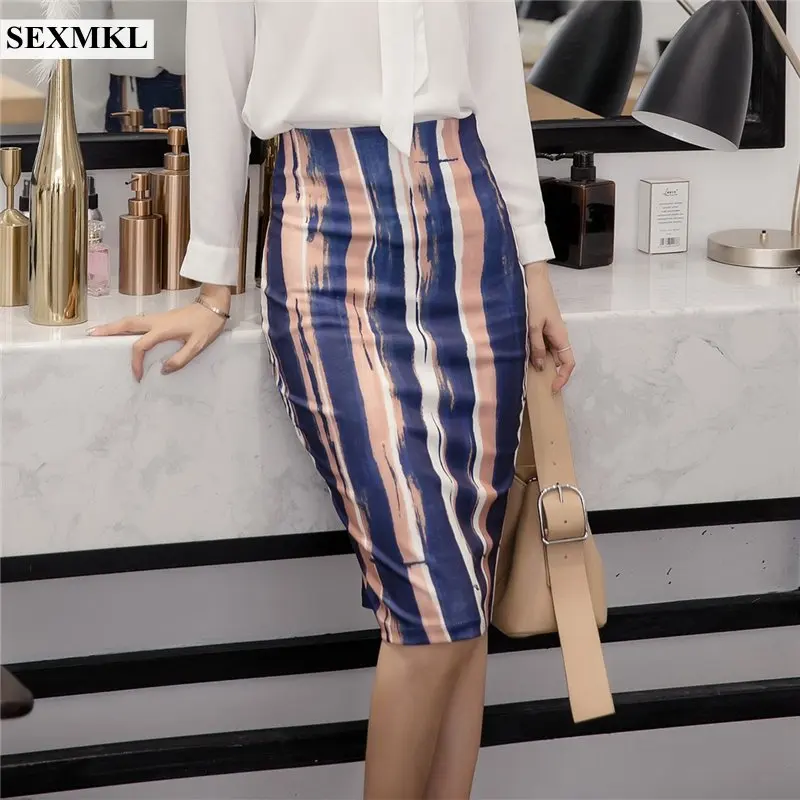 

SEXMKL Skirts Long for Women 2018 Casual Summer High Waist Striped Skirt Knee Length Office Lady Work Pencil Skirts Plus Size