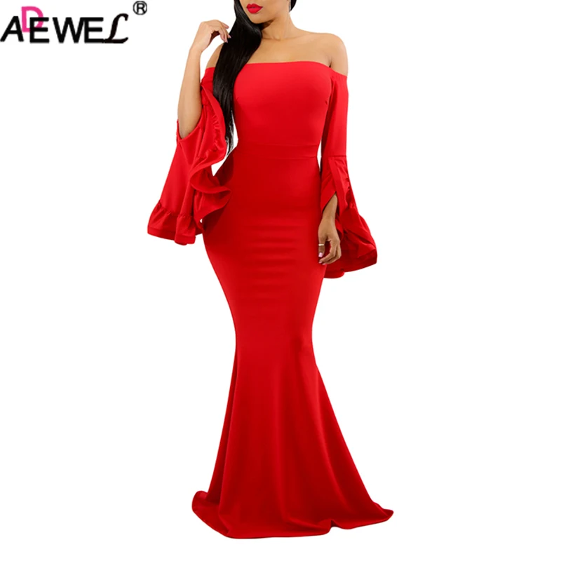 

ADEWEL Elegant Off Shoulder Pleated Bell Sleeves Sexy Long Party Dresses Long Sleeve Formal Evening Maxi Dress Floor length