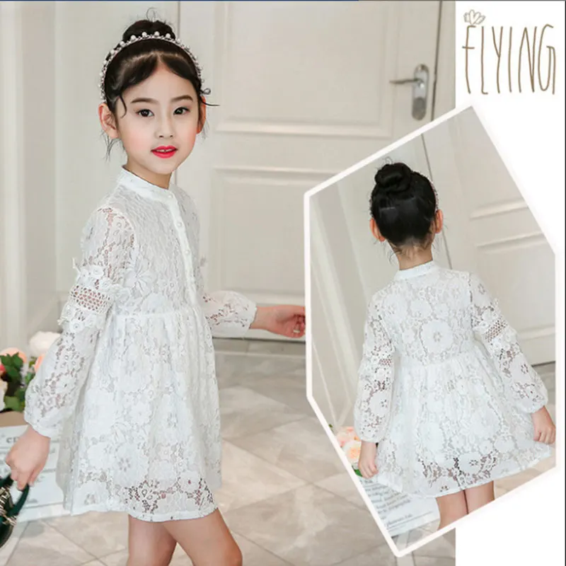 Детская одежда для девочек, корейские платья с длинными рукавами для маленьких девочек, детская одежда, элегантное кружевное платье для 4, 5, 6, 7, 8, 9, 10, 11, 12 лет - Цвет: white dress