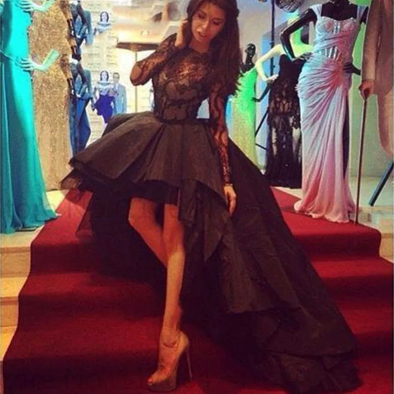 2016 Long Sleeves Robe de Soiree Asymmetrical Prom Dresses Black Taffeta Fromal Party Gown Sexy Lace Prom Dresses149