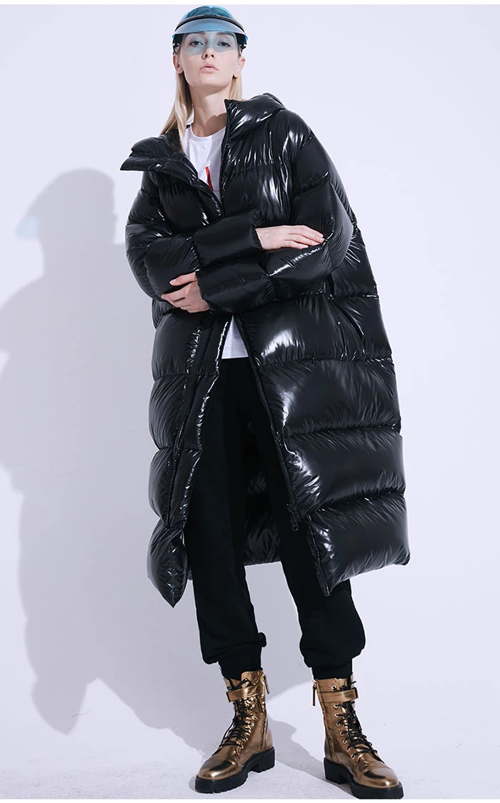 ZURICHOUSE зимняя куртка на гусином пуху Женская длинная Роскошная теплая парка с капюшоном модная Глянцевая свободная утепленная 90% пуховая куртка