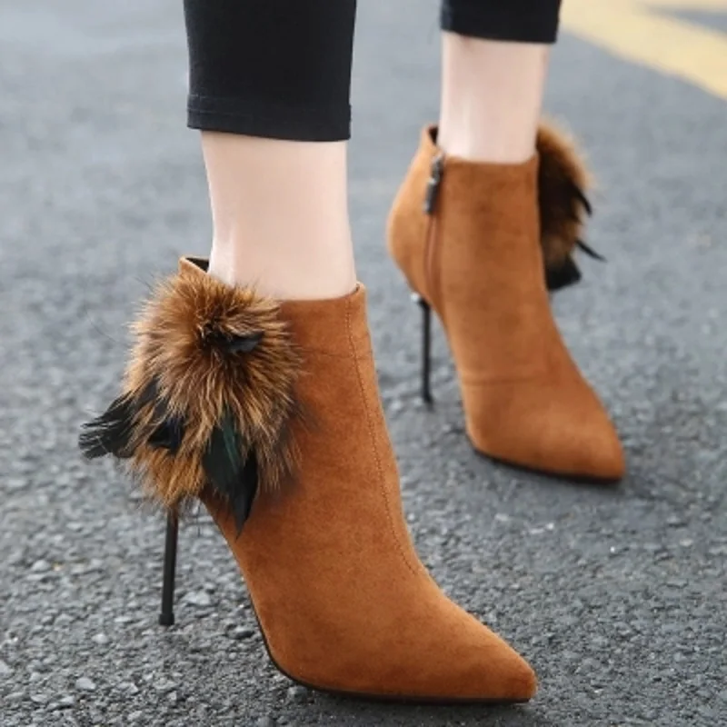 

2018 autumn and winter cashmere sheep suede female pointed stiletto boots and ankle boots low to help short tube mink high heels