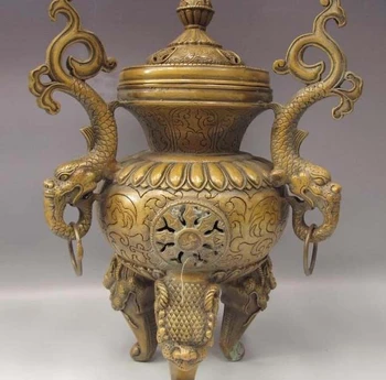 

12 China Royal Copper Bronze Three Beast Foot Dragon Ear censer incense burner