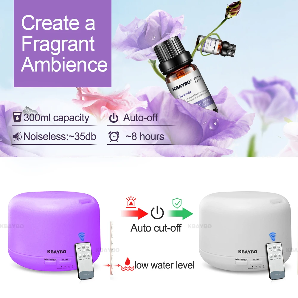 Billig KBAYBO 300ML Elektrische Aroma Luftbefeuchter Ultraschall Aromatherapie Ätherisches Öl Diffusor Mit Fernbedienung 7 Farbe Lichter