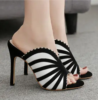 

Black White Patchwork Stripes Suede Mules Women Super High Heel Sandals Zebra Pattern Sexy Party Ladies Slippers Elegant