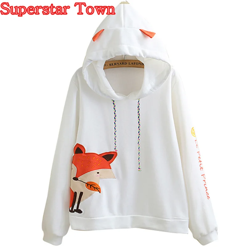  Fox Hoody Hoodie With Ears Harajuku Pullovers Women Sweatshirts Mori Girl Kawaii Clothing Cartoon L