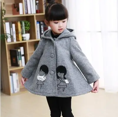 Для девочек шерстяная верхняя одежда детская одежда осенние и зимние маленький ребенок с капюшоном шерстяное пальто средней длины пальто - Цвет: Серый
