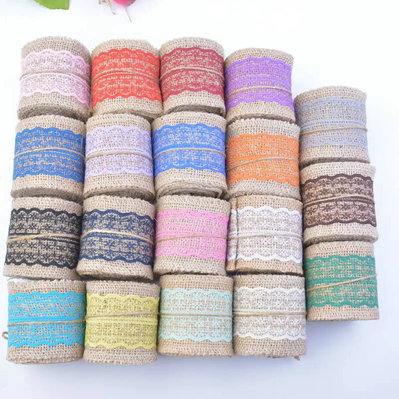 

6cm 2m/roll Multicolor Natural Jute Burlap Hessian Ribbon with Cotton Lace DIY Trim Fabric for Sewing Wedding Accessories