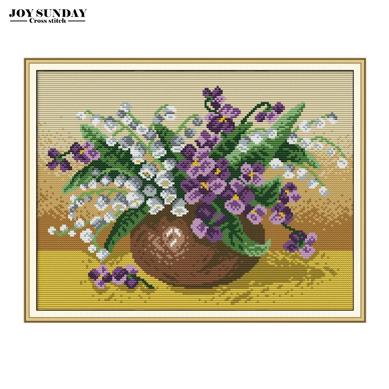 Joy Sunday ваза с ландышами вышивка крестиком узоры из ниток ткань Aida 14ct 11ct на холсте
