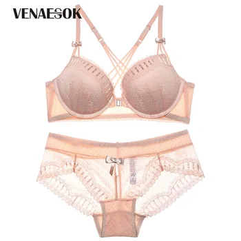

New Front Closure Bra and Panties Lace Embroidery Push Up Bra Set Thick B C Cup Sexy Underwear Set For Women Black Lingerie