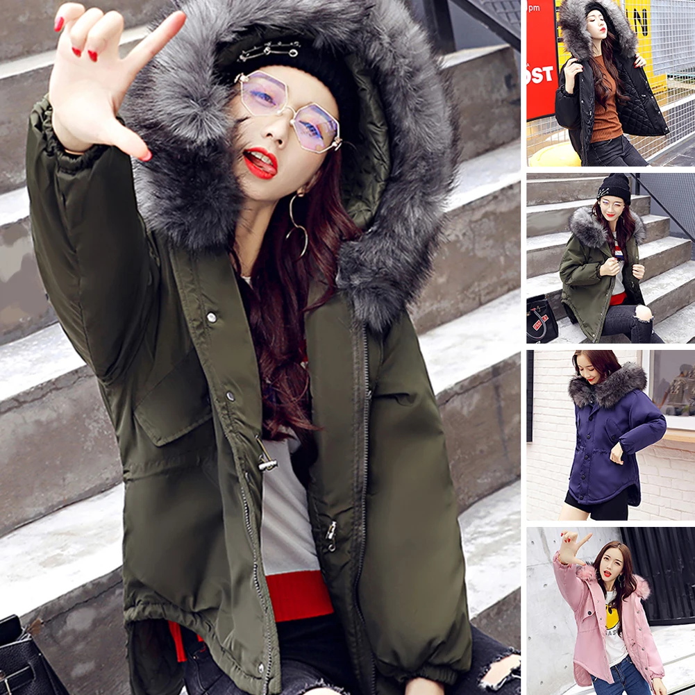 Cordon Chaud Doudoune Moyen Fourrure À royal Blue army pink Hiver Décontracté Femmes Longueur Col De Vêtements Grand Capuche Coton Green Épais Black Taille 8f5nYq