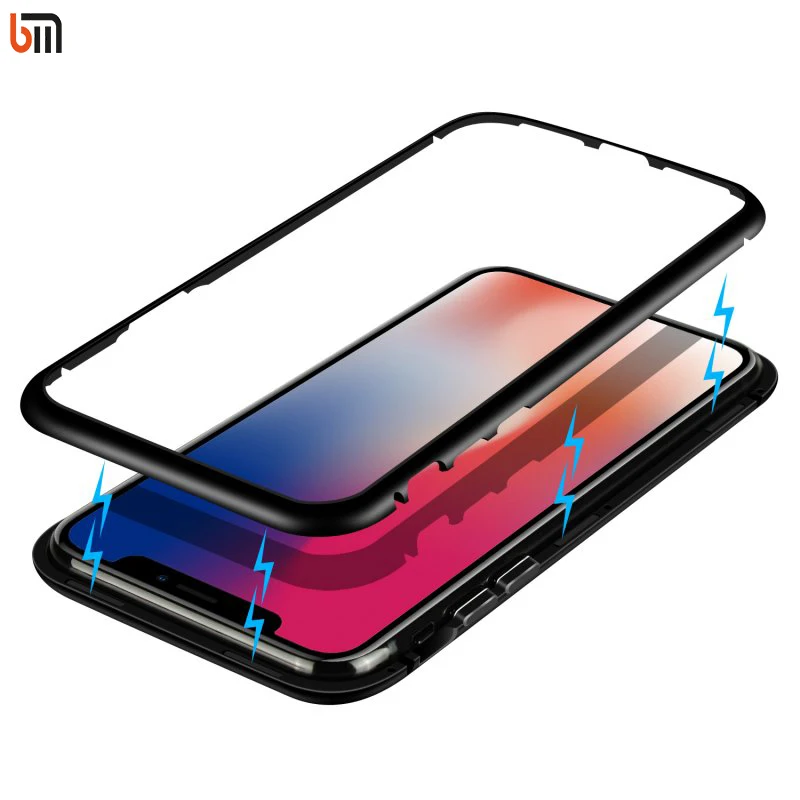 Магнитная поглощая металлический чехол для iPhone X 7/8/X Случае Deluxe закаленное стекло