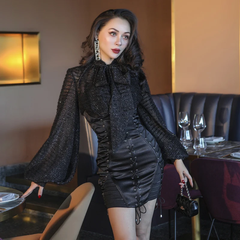 

le palais vintage 2018 Winter Elegant Thicken Ultra High Rise Dress Draping Bandage Stretch Bottom Very Sexy Adjustable Dress