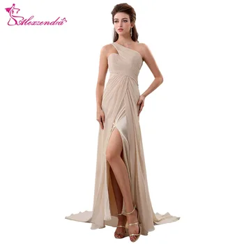 

Alexzendra Champagne One Shoulder Chiffon Long Prom Dresses Plus Size Illusion Back Party Dress for Girls