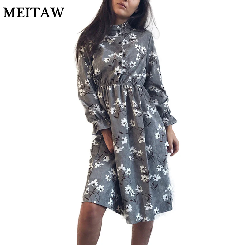 

Autumn Winter Retro Corduroy Dresses High Elastic Waist Vintage Dress 2019 Casual Long Sleeve Floral Printed Dress Vestidos
