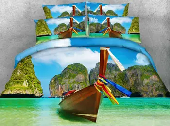 

JF-219 Unique Bedroom Colorful Mountains and Boat print 4pcs bedding set linens 3D